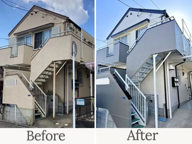 浦安市アパートの外壁塗装と屋根塗装の施工前後比較